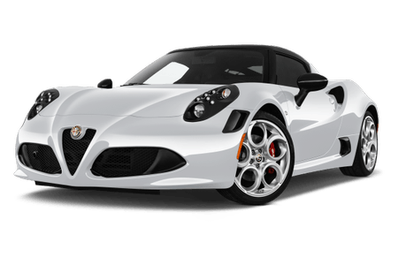 Weißer Sportwagen, Alfa Romeo 4C, seitliche Frontansicht. Modernes Design mit markanten Scheinwerfern, schwarzem Dach und roten Bremssätteln.