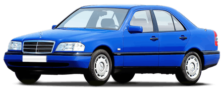 Blauer Mercedes-Benz Limousine auf weißem Hintergrund, seitliche Vorderansicht, Türen und Fenster sichtbar.