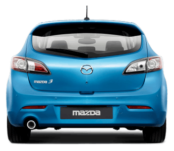 Blauer Mazda 3 von hinten, mit Emblem in der Mitte und erkennbaren Rücklichtern. Fahrzeug auf weißem Hintergrund.