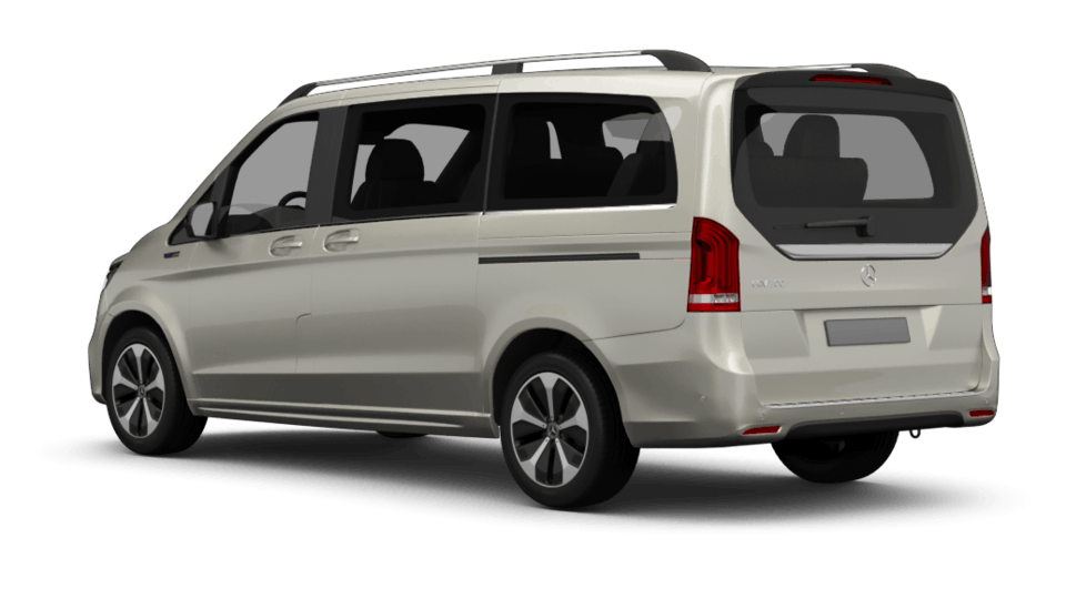 Silberner Van mit getönten Fenstern, Dachreling und moderner Heckbeleuchtung, schräg von hinten fotografiert.