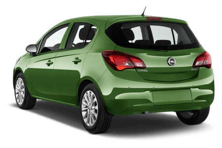 Grüner Kleinwagen von hinten, geparkt. Fünf Türen, Rücklichter sichtbar, silberne Felgen, keine Kennzeichen.