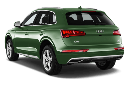 Grüner Audi Q5 SUV, Heckansicht, mit silbernen Felgen und markanten Rückleuchten auf weißem Hintergrund.