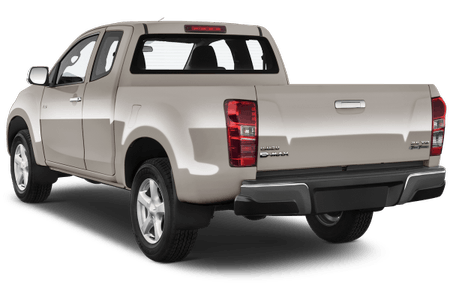 Beiger Pickup-Truck von hinten, geparkt auf transparentem Hintergrund, zeigt Rückleuchten und Ladefläche.