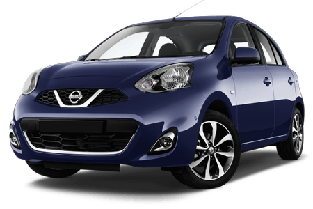 Dunkelblauer Kleinwagen von Nissan, seitlich von vorne fotografiert, mit modernen Scheinwerfern und silbernen Felgen.