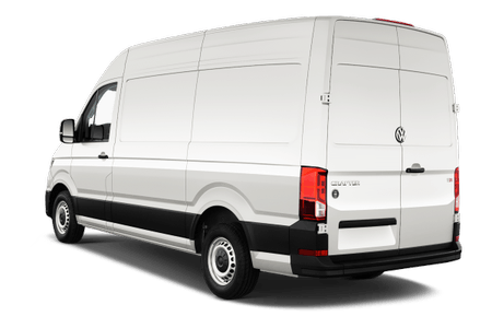 Weißer Lieferwagen, Volkswagen-Logo, hoher Kasten, typische Transporterbauweise, parkend in seitlicher Ansicht.