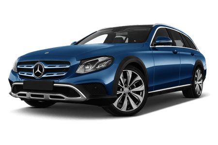 Blauer Kombi mit silbernen Details, Mercedes-Logo vorne auf dem Kühlergrill, stylisches Design, modernes Auto auf weißem Hintergrund.