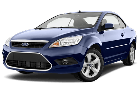 Blaues Auto der Marke Ford Focus, seitliche Ansicht, auf weißem Hintergrund.