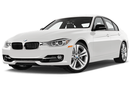 Weißer BMW-Limousine auf transparentem Hintergrund, schräg von vorn fotografiert, zeigt Scheinwerfer, Räder und Fenster.