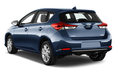 Blauer Toyota Auris Kompaktwagen, Heckansicht. Fünf-Türer mit modernen Rückleuchten und markantem Design, auf weißem Hintergrund.