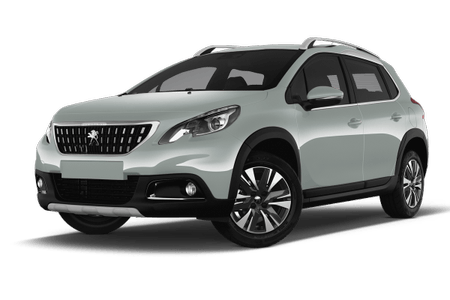 Silberner SUV mit Peugeot-Logo, schwarzen Radkappen und Dachreling, seitlich fotografiert vor weißem Hintergrund.