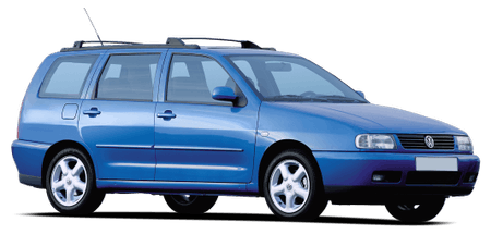 Blauer Kombi-Pkw mit Dachreling und geschlossenem Seitenfenster, seitlich fotografiert. Reifen mit silbernen Felgen.