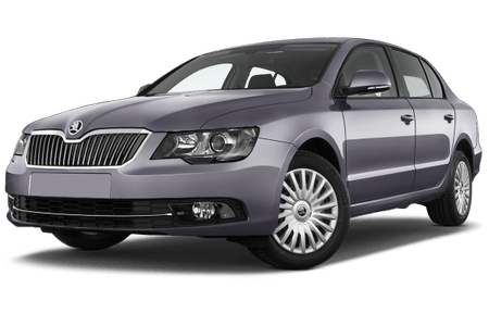 Grauer Skoda Superb Limousine, Frontansicht. Elegantes Design mit markantem Kühlergrill und modernen Scheinwerfern.