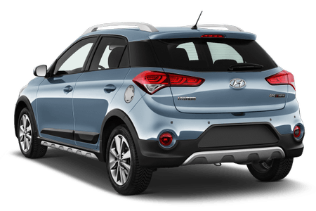 Silberner Hyundai i20 Active SUV, Heckansicht, auf weißem Hintergrund, mit markanten Rückleuchten und Dachreling.