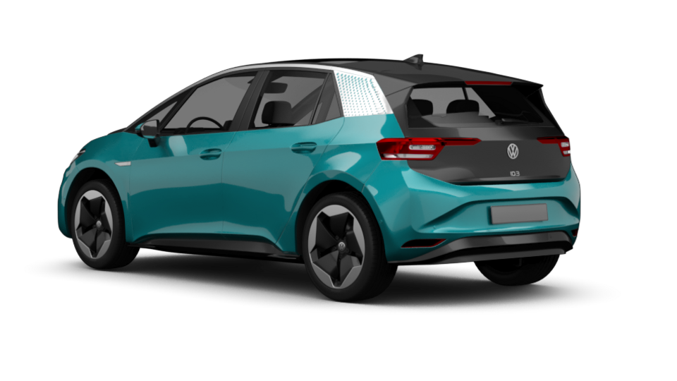Türkisfarbener VW ID.3, ein elektrischer Kompaktwagen, von schräg hinten betrachtet. Moderne Form, schwarze Dachpartie und markante Heckleuchten.