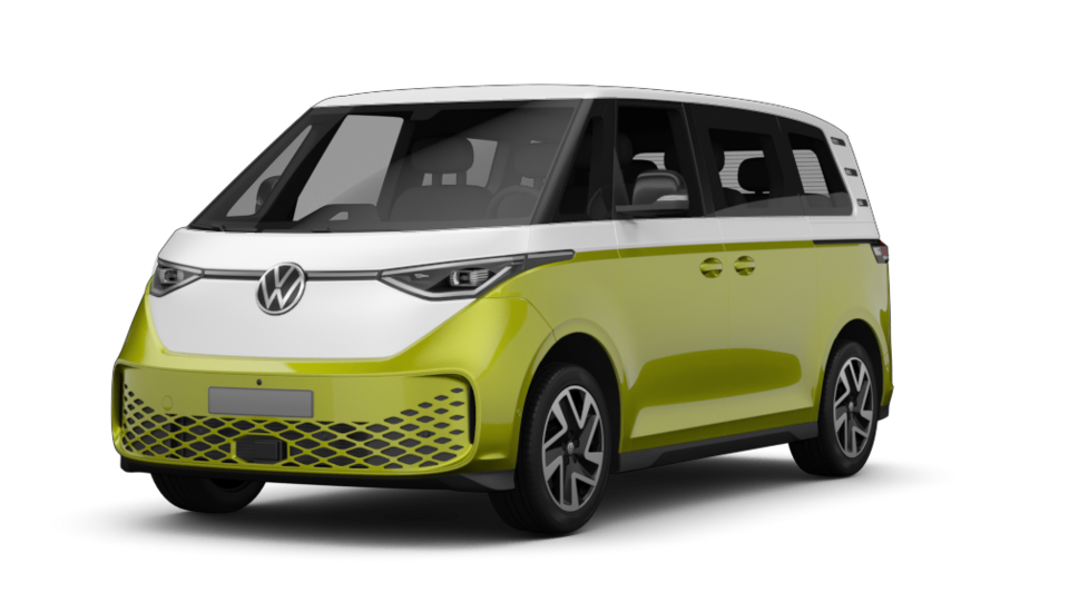 VW ID. Buzz in zweifarbigem Design: weißes Dach, gelbe Karosserie. Moderner Elektro-Van mit futuristischer Front und VW-Logo.