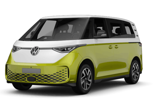 VW ID. Buzz in zweifarbigem Design: weißes Dach, gelbe Karosserie. Moderner Elektro-Van mit futuristischer Front und VW-Logo.