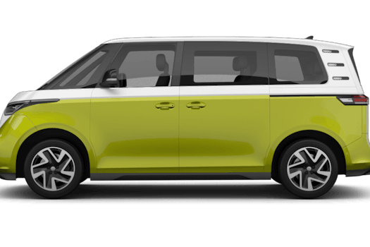 Seitliche Ansicht eines gelb-weißen Elektro-Vans mit modernem Design, großen Fenstern und markanten Scheinwerfern.