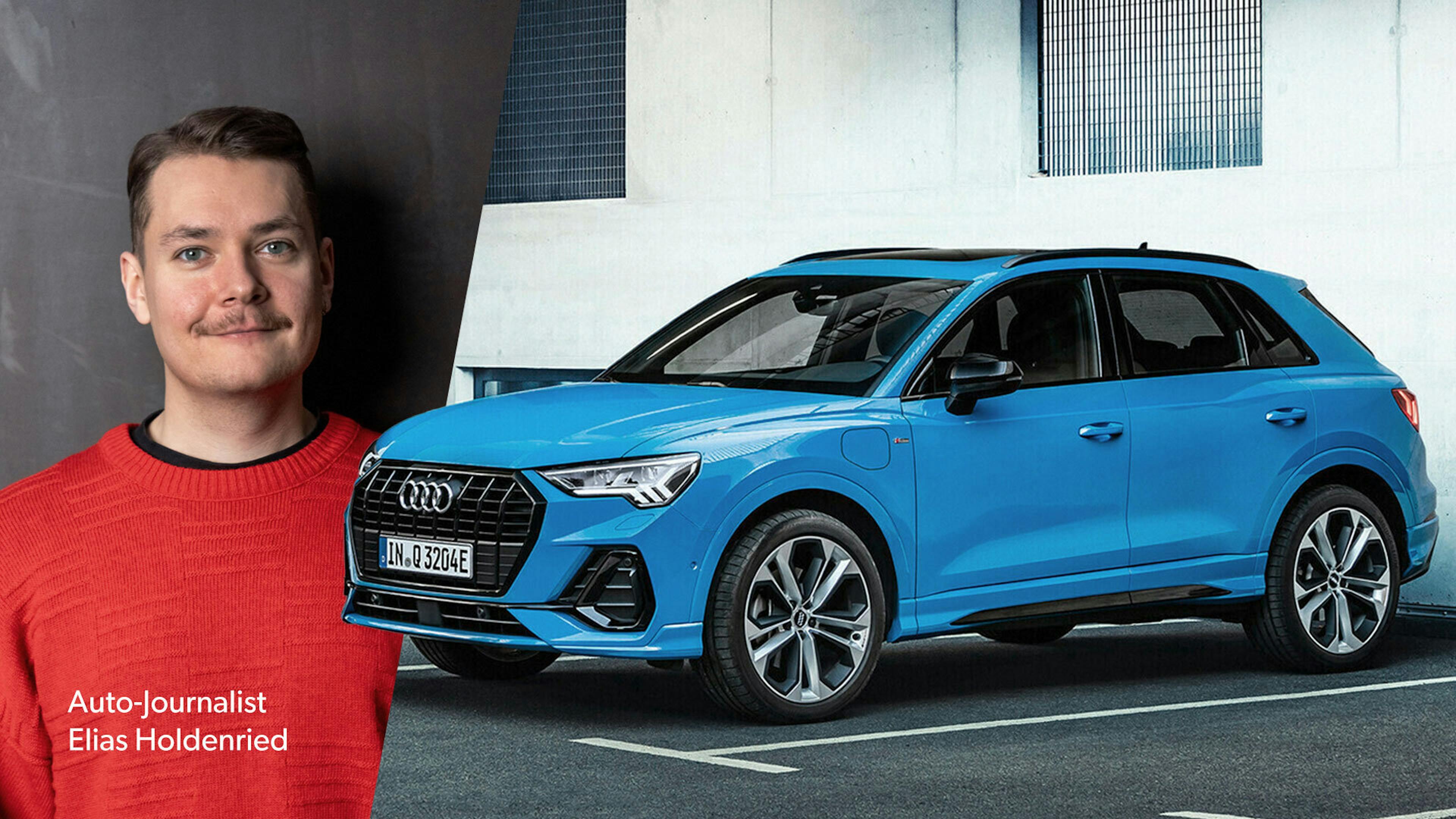 Eine Fotomontage, die den Redakteur Elias Holdenried in einem roten Pullover neben einem blauen Audi Q3 zeigt.