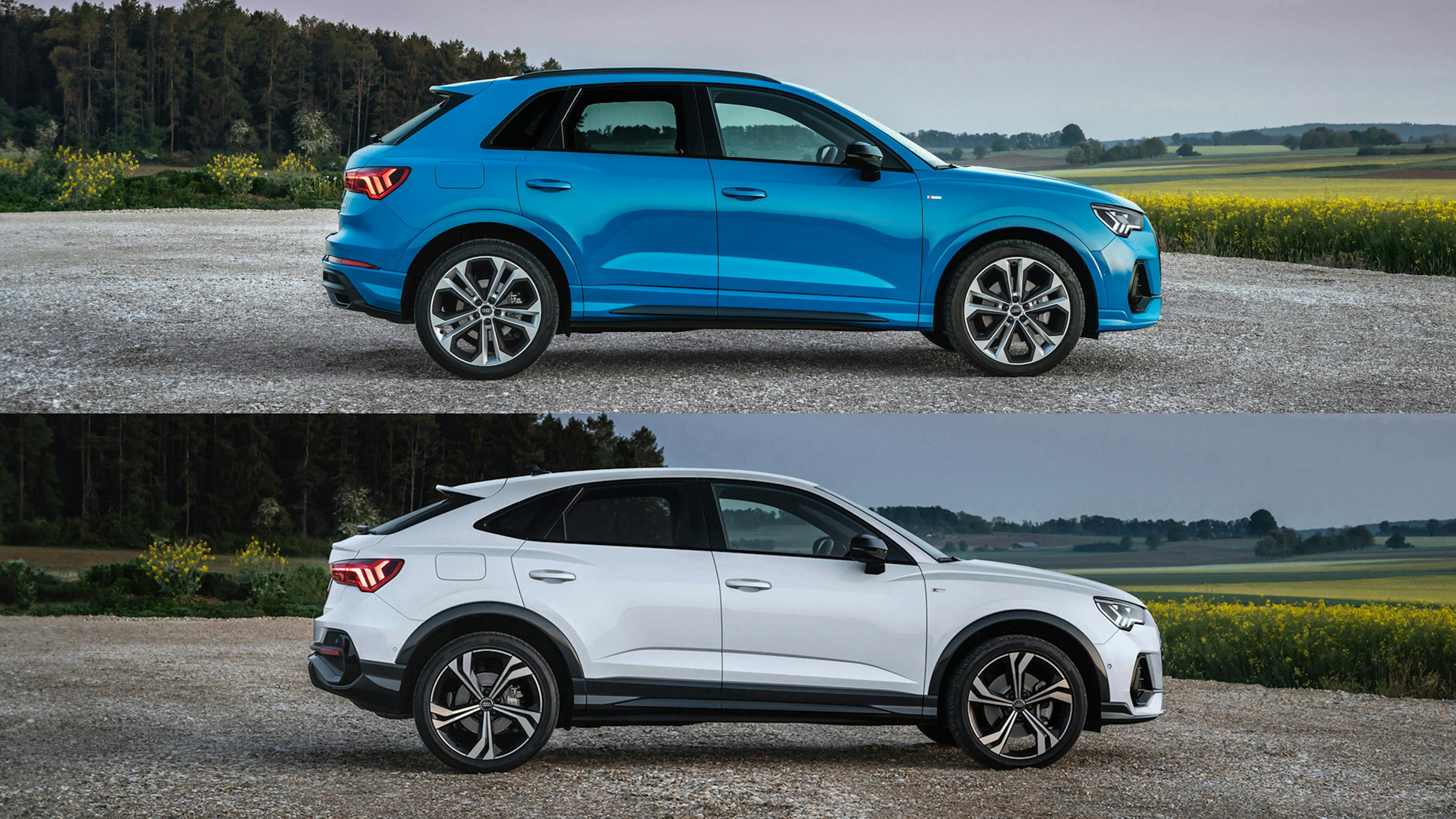 Eine Collage, die die Seitenansichten des Audi Q3 und des Audi Q3 Sportback im Vergleich zeigt. Im Hintergrund ist ein Waldstück und ein Rapsfeld zu sehen.