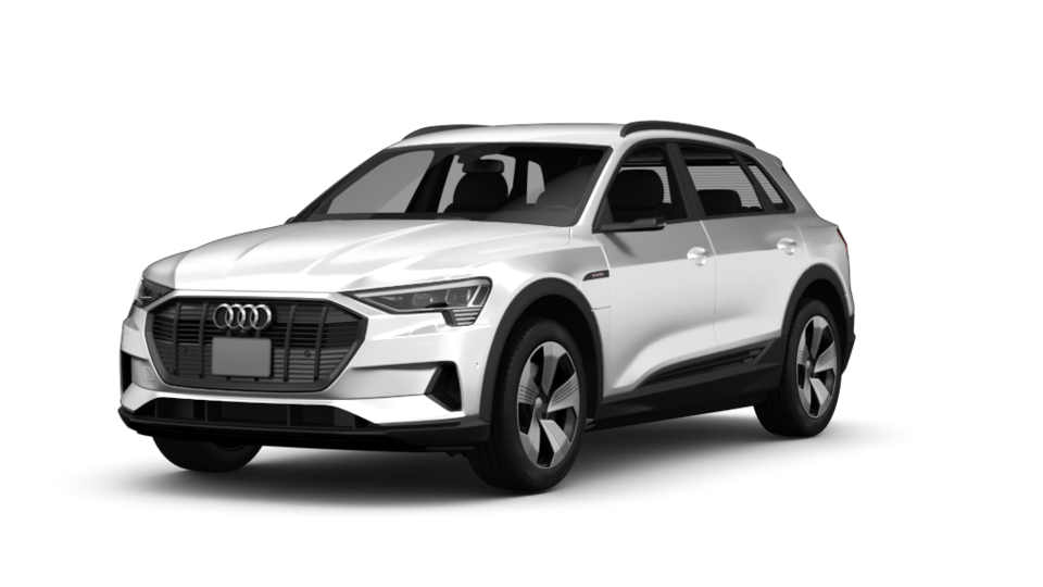 Seitliche Frontansicht eines weißen Audi e-tron