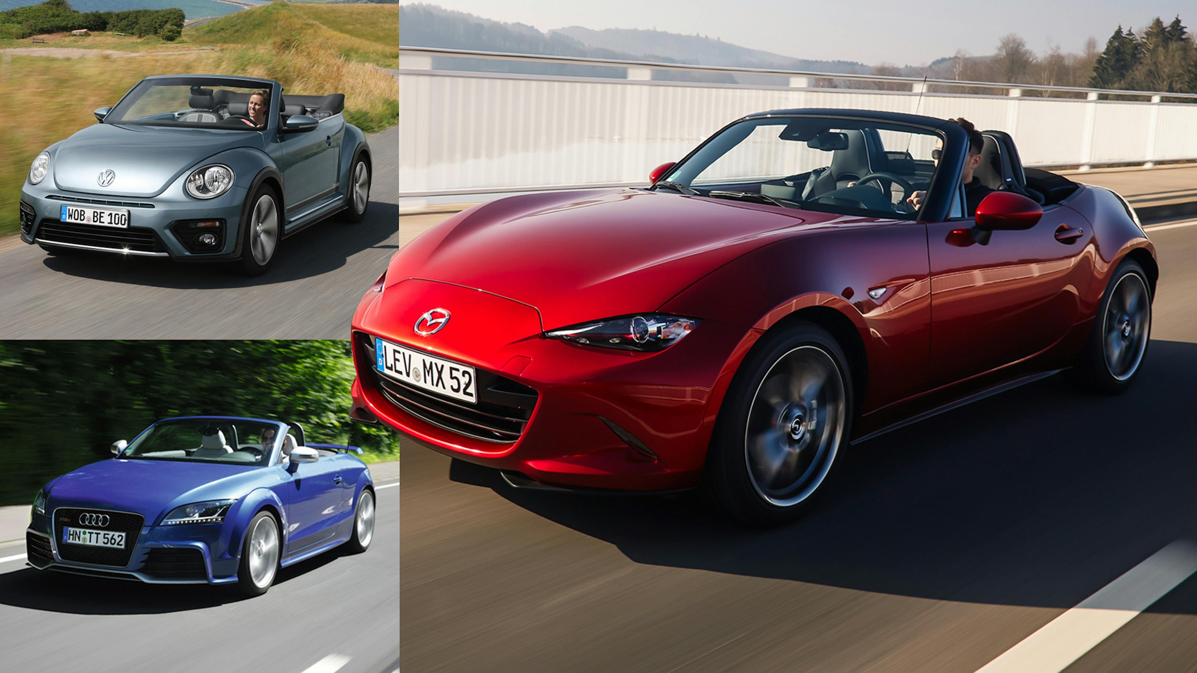 Eine Collage zeigt einen roten Mazda MX-5, einen blauen Audi TT Roadster und ein silbernes VW Beetle Cabrio.