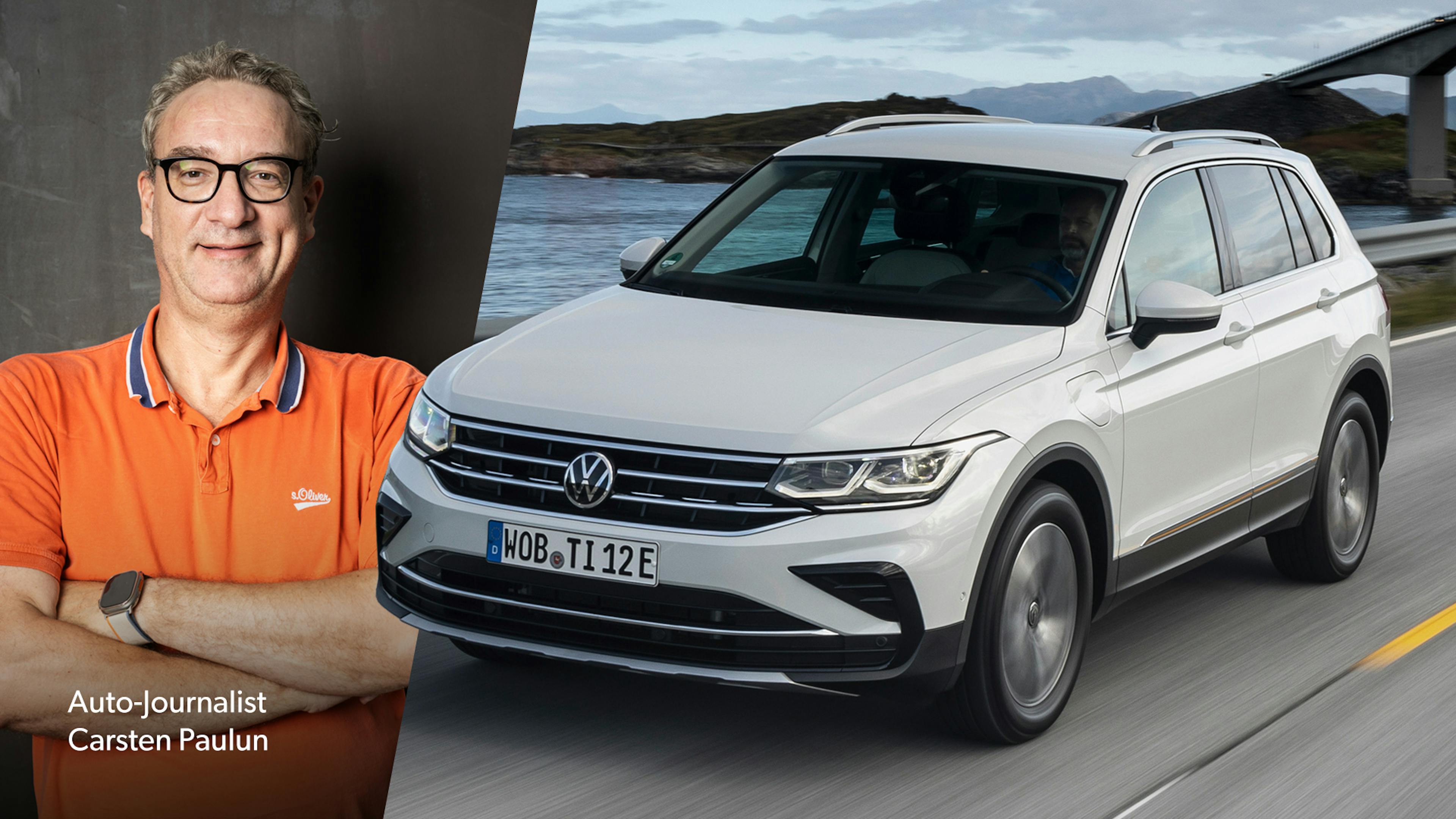 Eine Montage zeigt einen weißen VW Tiguan auf einer Küstenstraße und Redakteur Carsten Paulun.