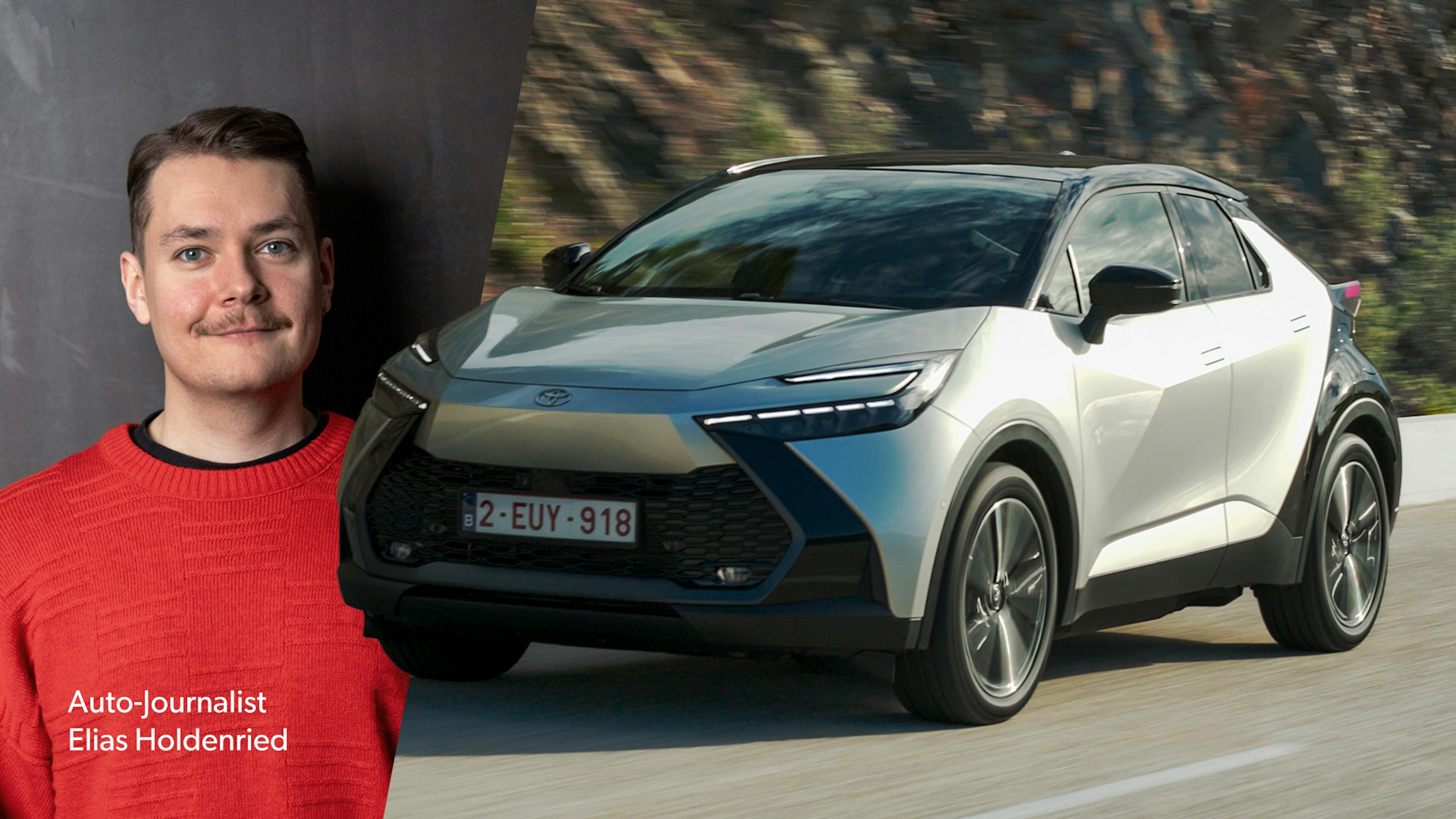 Eine Montage mit Redakteur Elias Holdenried und einem silbernen Toyota C-HR