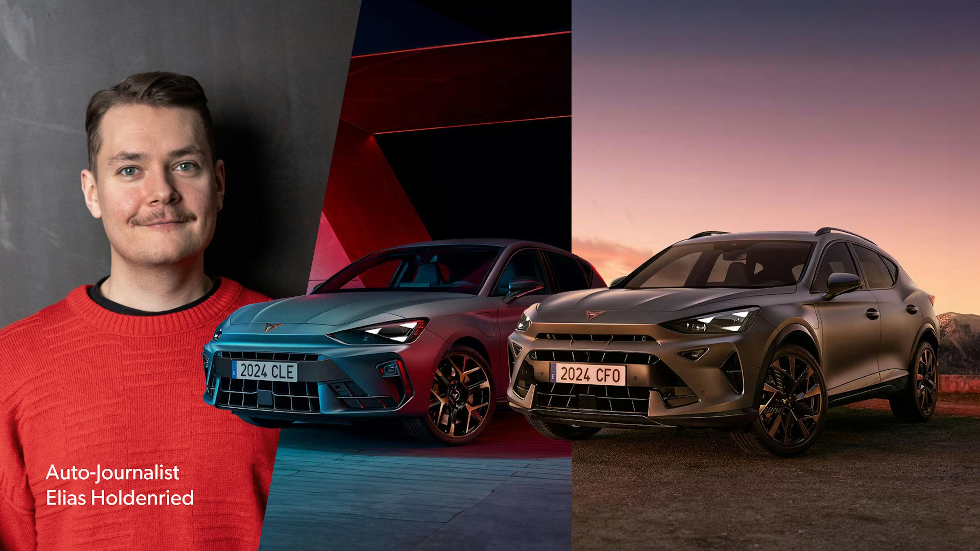 Eine Montage mit Redakteur Elias Holdenried sowie einem Cupra Formentor und einem Cupra Leon