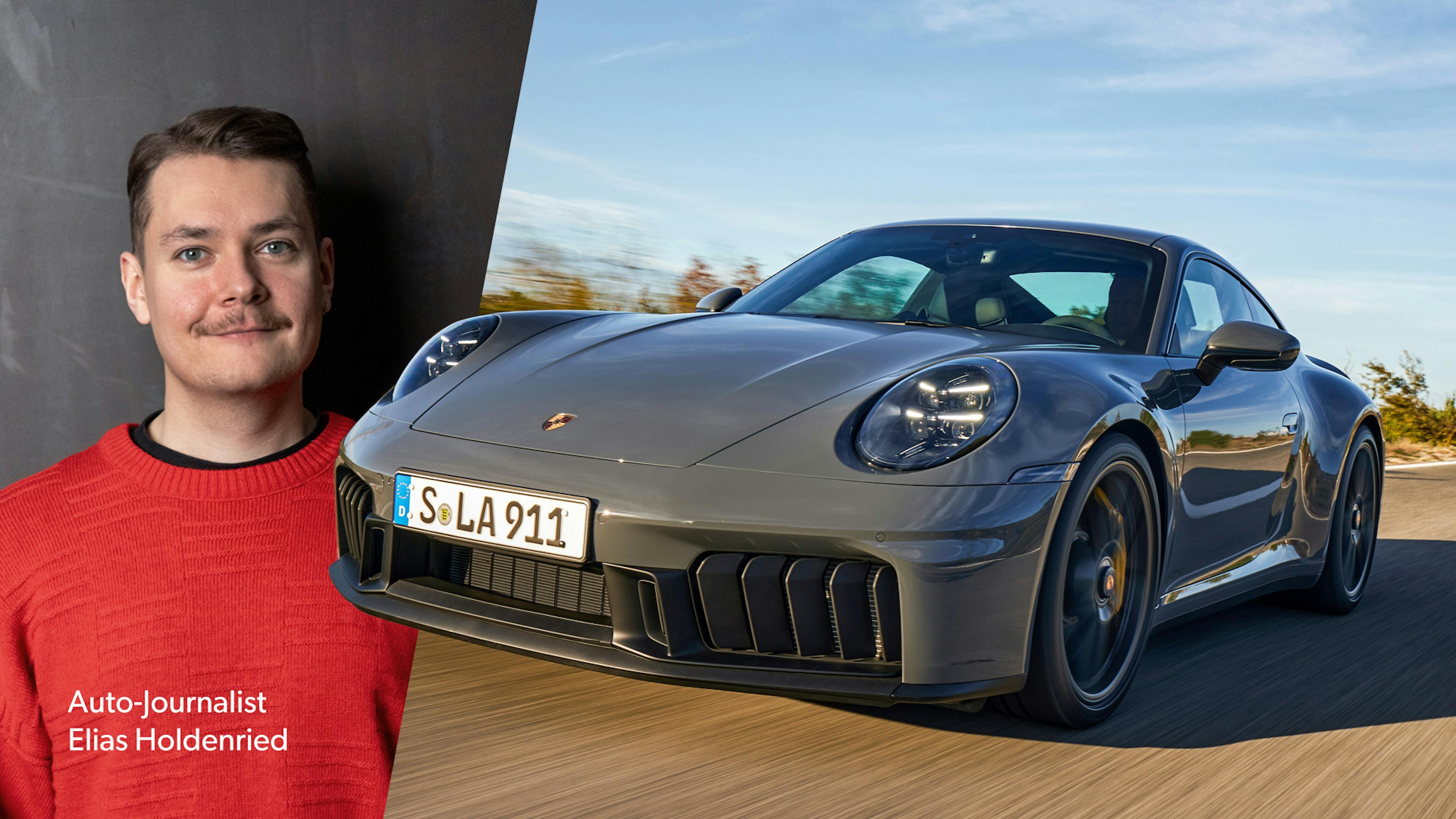 Eine Fotomontage zeigt Redakteur Elias Holdenried und einen grauen Porsche 911 GTS.