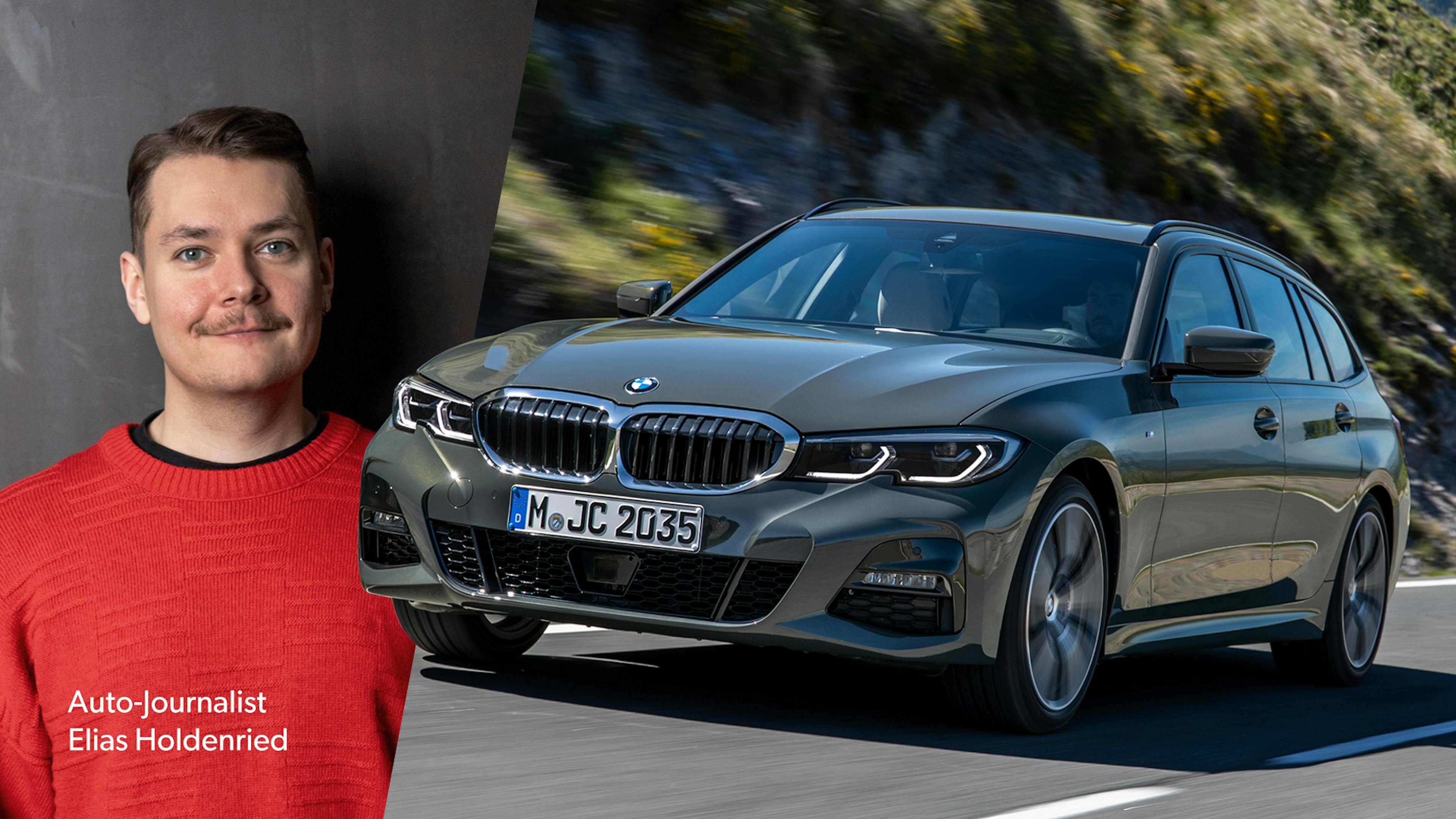 Fotomontage mit Auto-Journalist Elias Holdenried und einem grauen BMW 3er Touring, der auf einer Straße fährt.