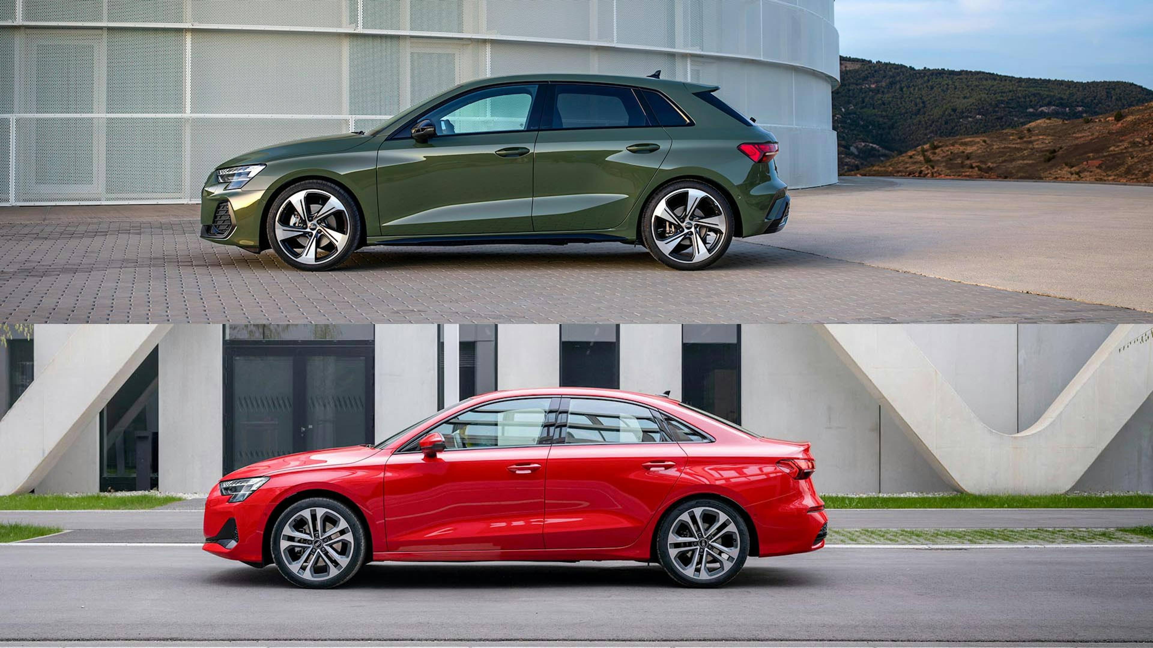 Eine Collage, die die Seitenansichten des Audi A3 Sportback (oben) und der Audi A3 Limousine im Größenvergleich zeigt. 