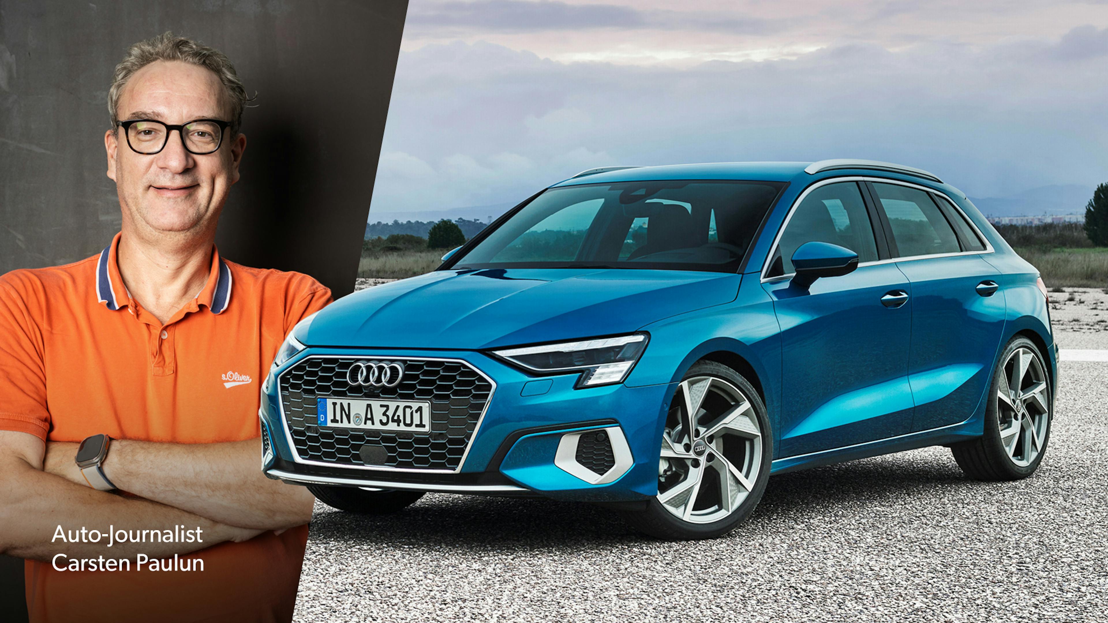  Eine Fotomontage, die den Redakteur Carsten Paulun in einem orangefarbenen Polohemd neben einem blauen Audi A3 zeigt.