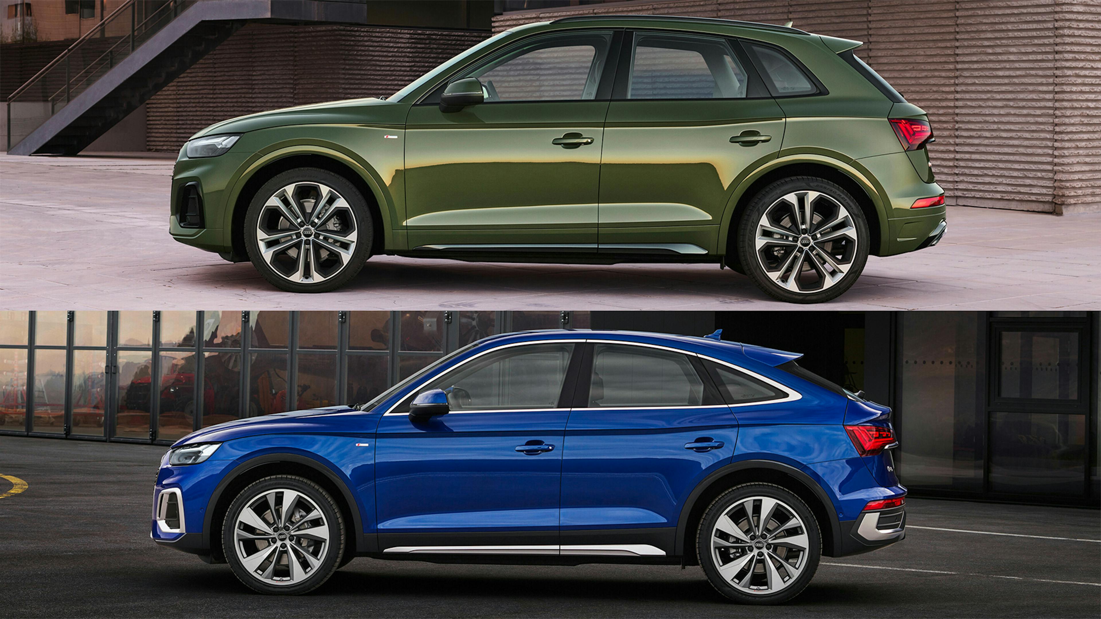 Seitlicher Vergleich der Karosserie eines Audi Q5 und Audi Q5 Sportback.