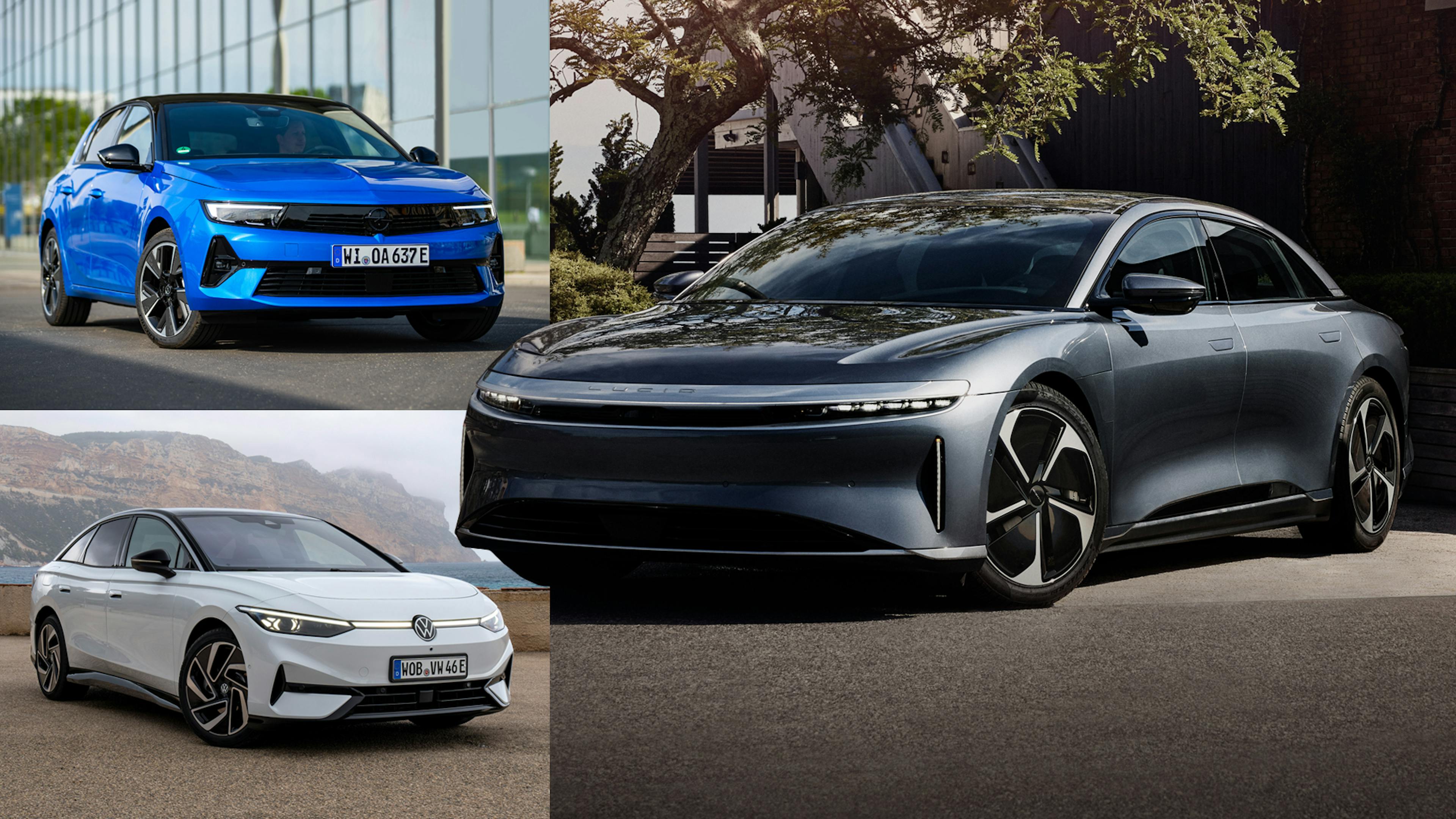 Photo collage consisting of a blue Opel Astra Electric GS, a white VW ID.7 Pro and a gray Lucid Air RWD.