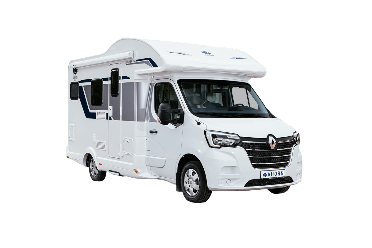 Ein weißes Wohnmobil von Ahorn, Modelljahr 2024, basierend auf einem Renault-Fahrgestell.