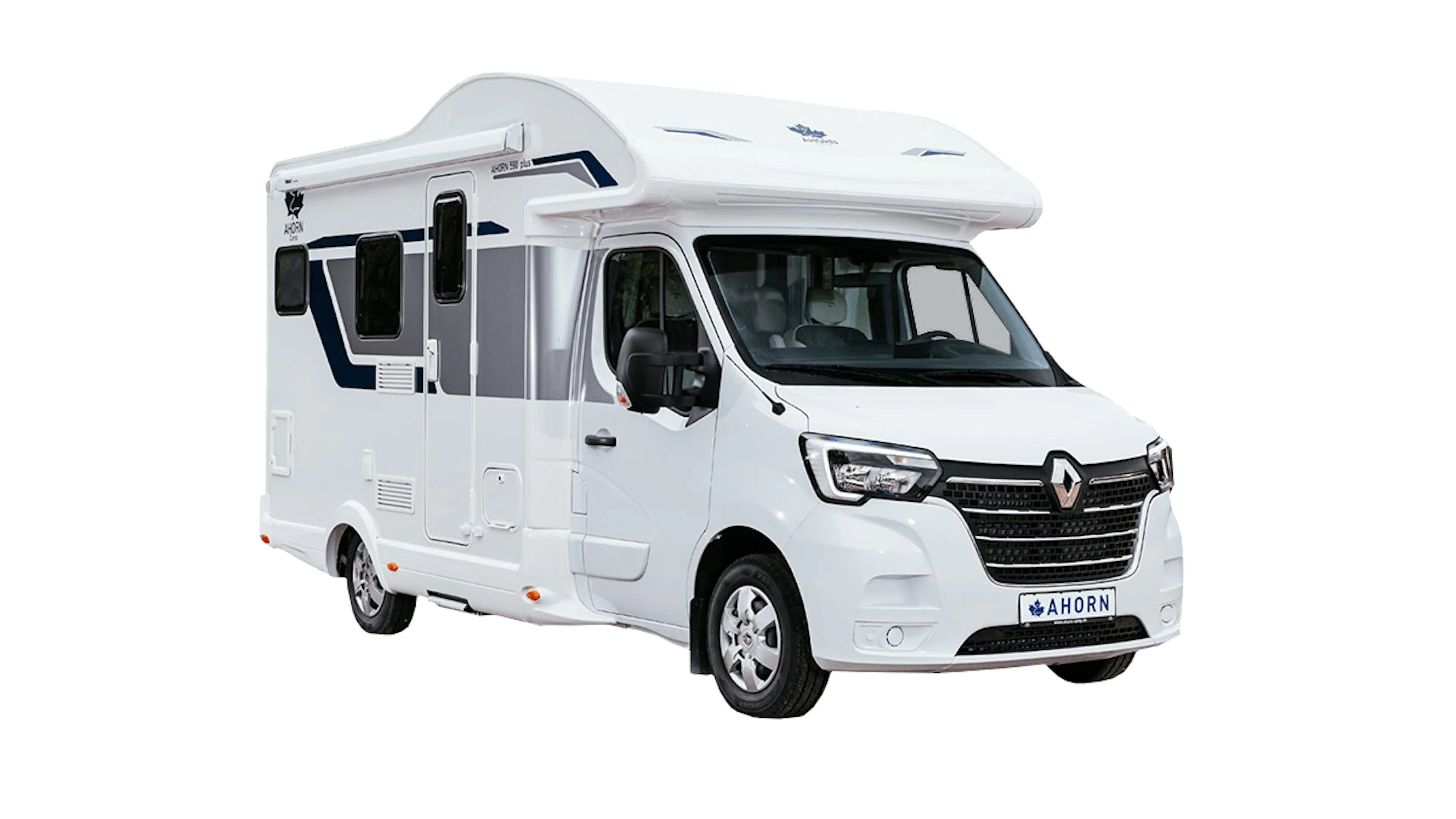 Ein weißes Wohnmobil von Ahorn, Modelljahr 2024, basierend auf einem Renault-Fahrgestell.