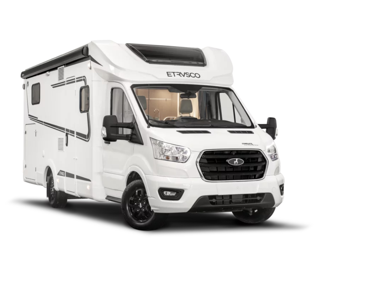 Ein weißes Wohnmobil von Etrusco, Modelljahr 2024, basierend auf einem Ford-Transit-Fahrgestell.