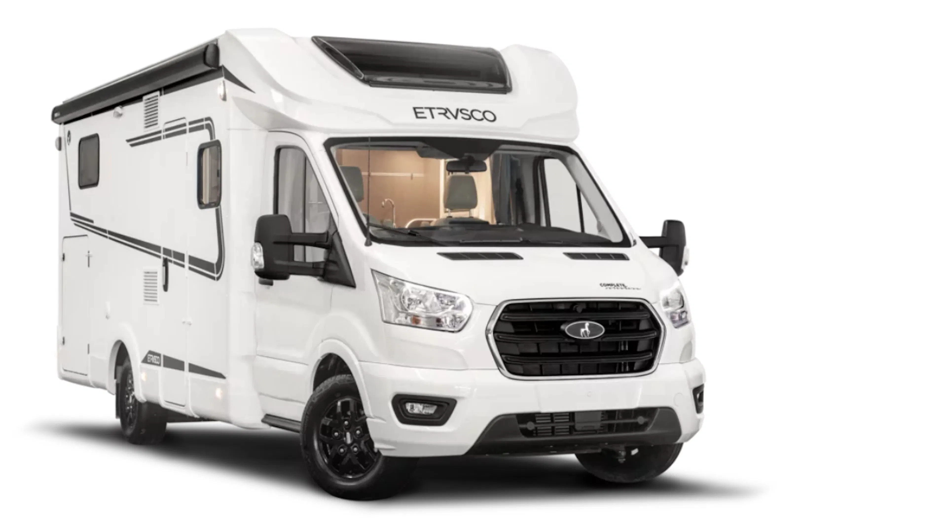 Ein weißes Wohnmobil von Etrusco, Modelljahr 2024, basierend auf einem Ford-Transit-Fahrgestell.