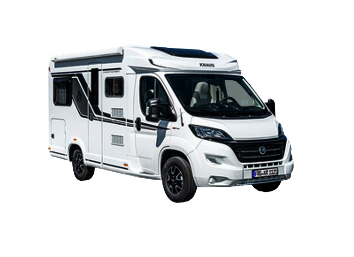 Ein weißes Wohnmobil von Knaus, Modelljahr 2024, basierend auf einem Fiat-Ducato-Fahrgestell.