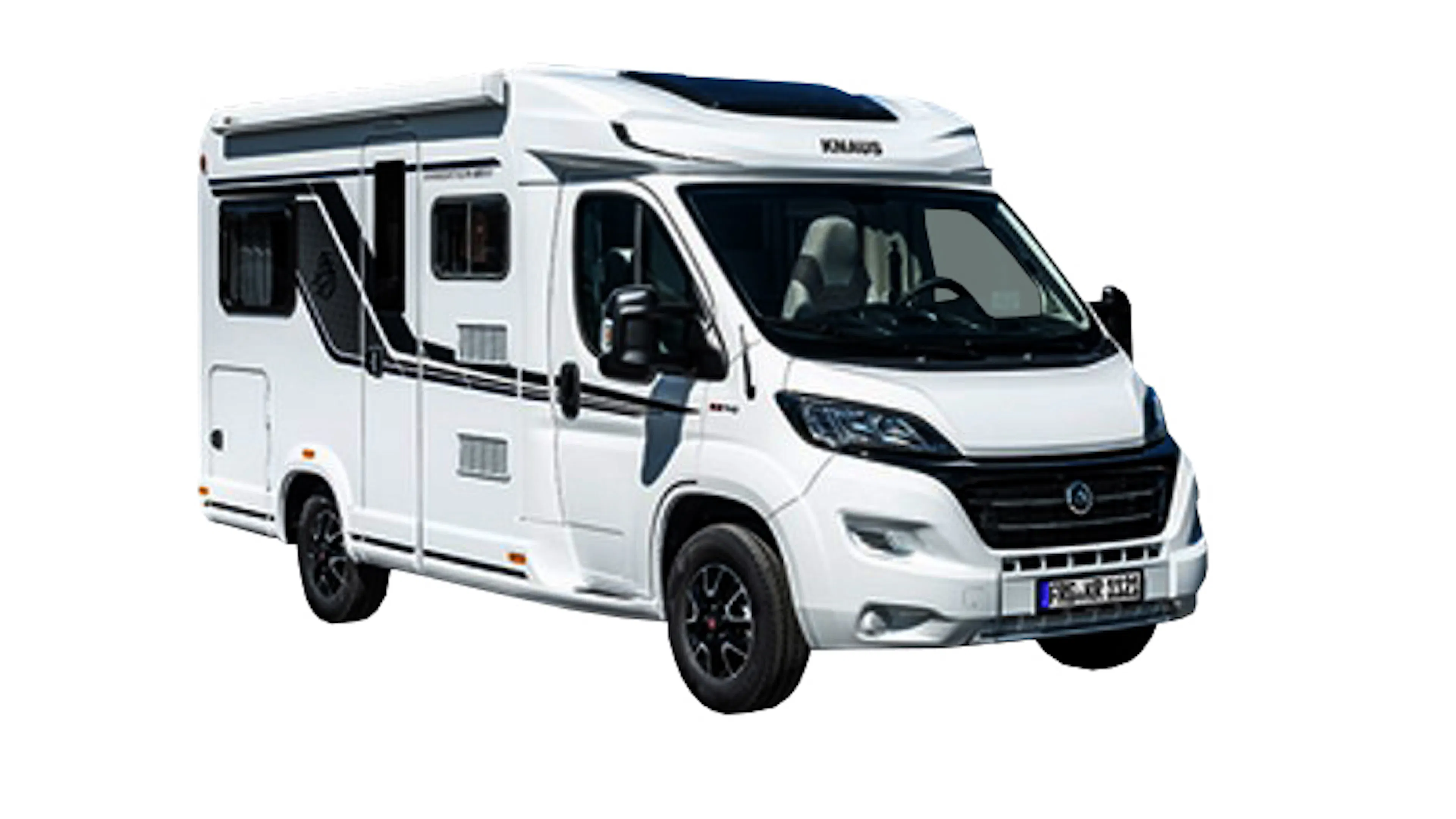 Ein weißes Wohnmobil von Knaus, Modelljahr 2024, basierend auf einem Fiat-Ducato-Fahrgestell.