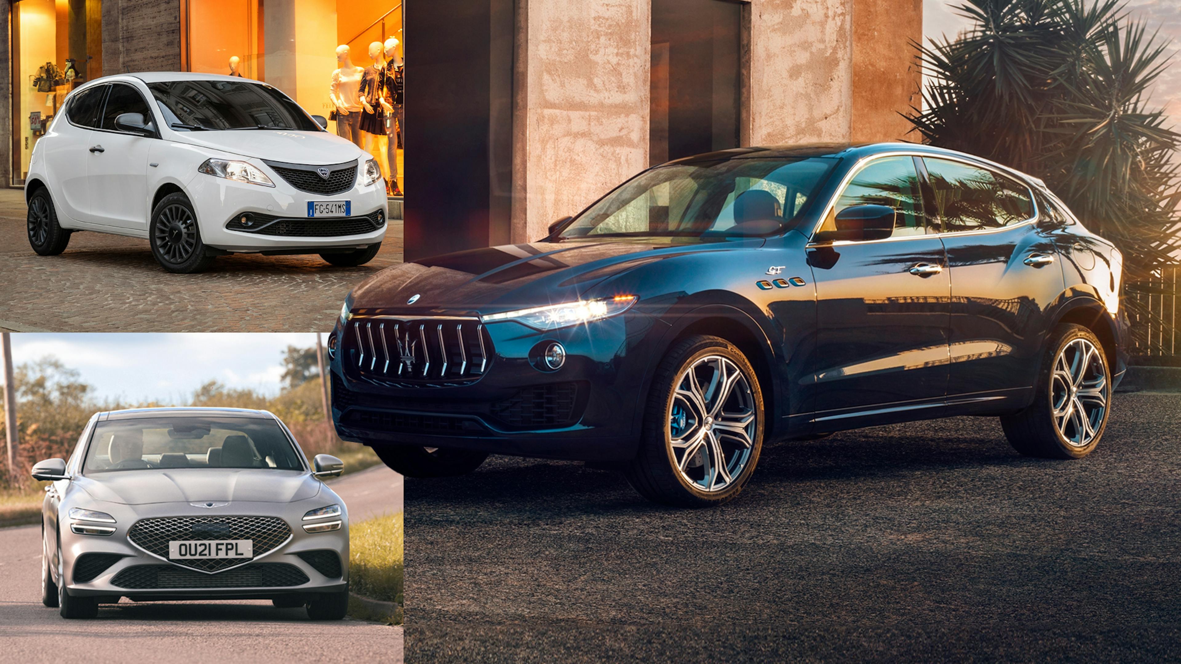 Ein Collage mit einem Lancia Ypsilon, einem Genesis G70 und einem Maserati Levante.