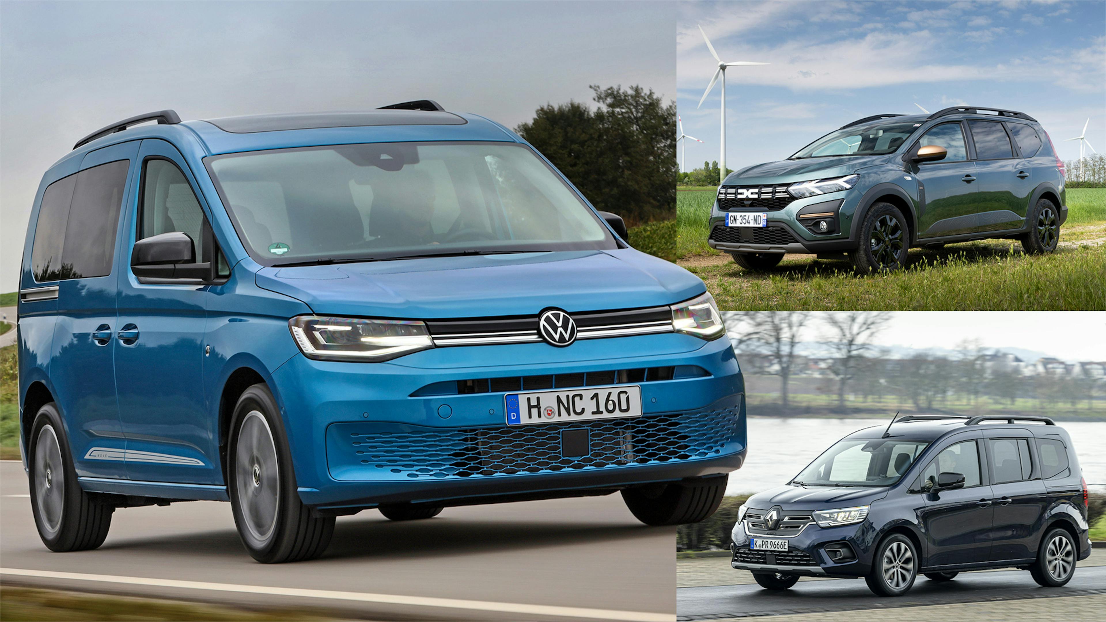 Fotomontage mit einem blauen VW Caddy links, einem grauen Dacia Jogger oben rechts und einem blauen Renault Kangoo rechts unten.