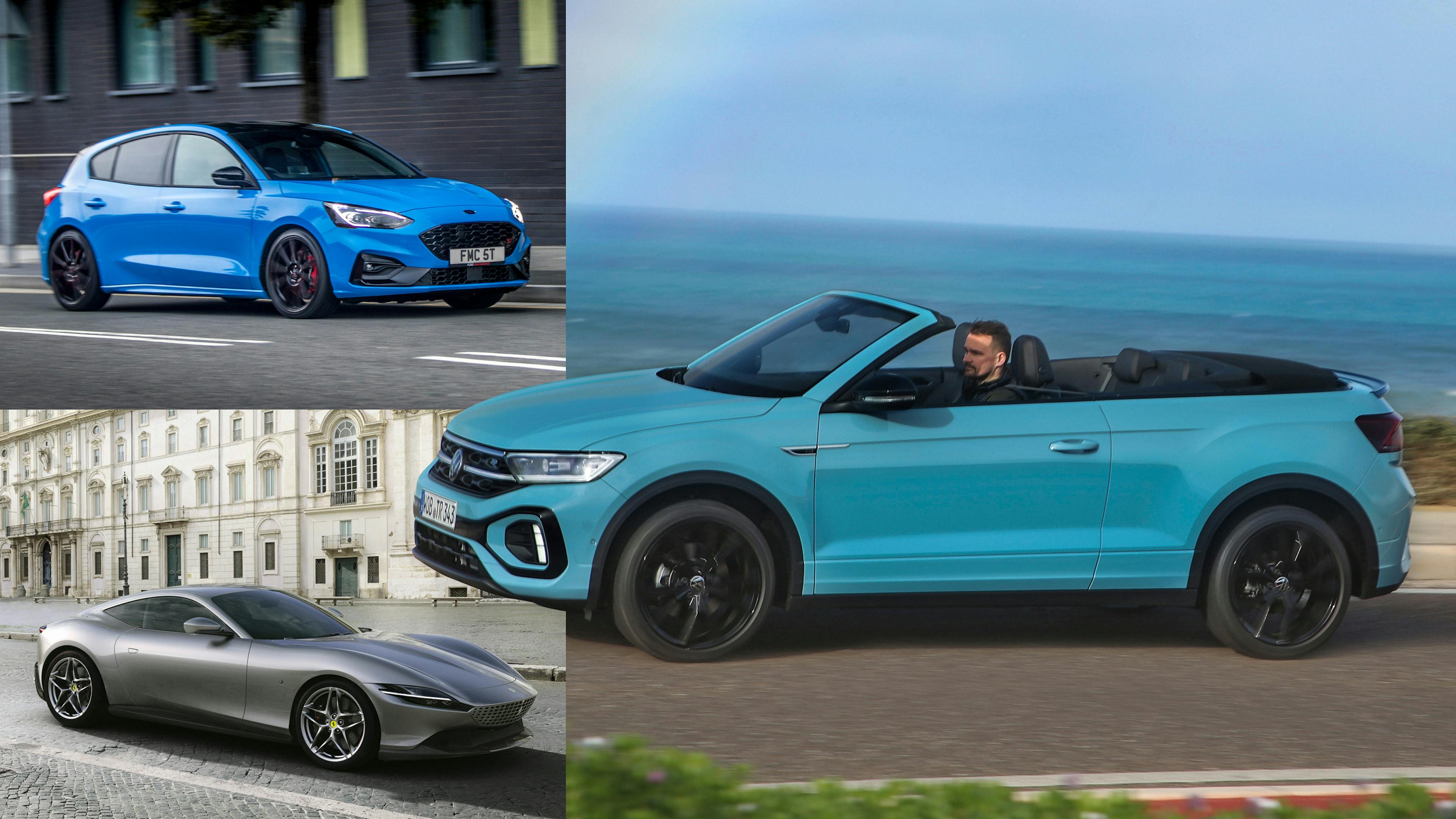 Ein blauer Ford Focus fährt vor einer Häuserzeile; ein blaues VW T-Roc Cabrio fährt auf einer Küstenstraße; ein grauer Ferrari Roma steht vor einem historischen Gebäude.


