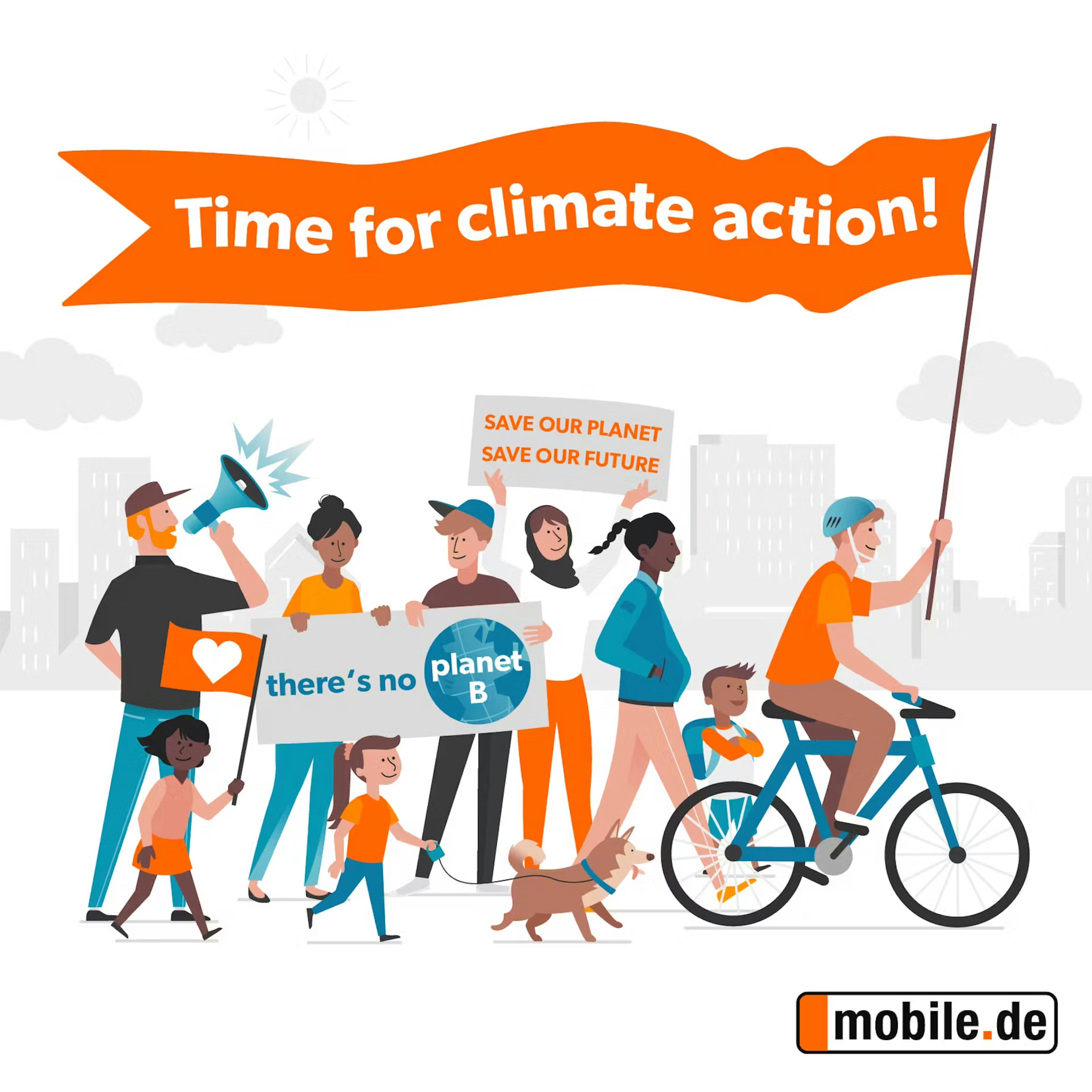 Eine Illustration zeigt eine Gruppe an Demonstranten mit Plakaten, Transparenten und Fahnen. 