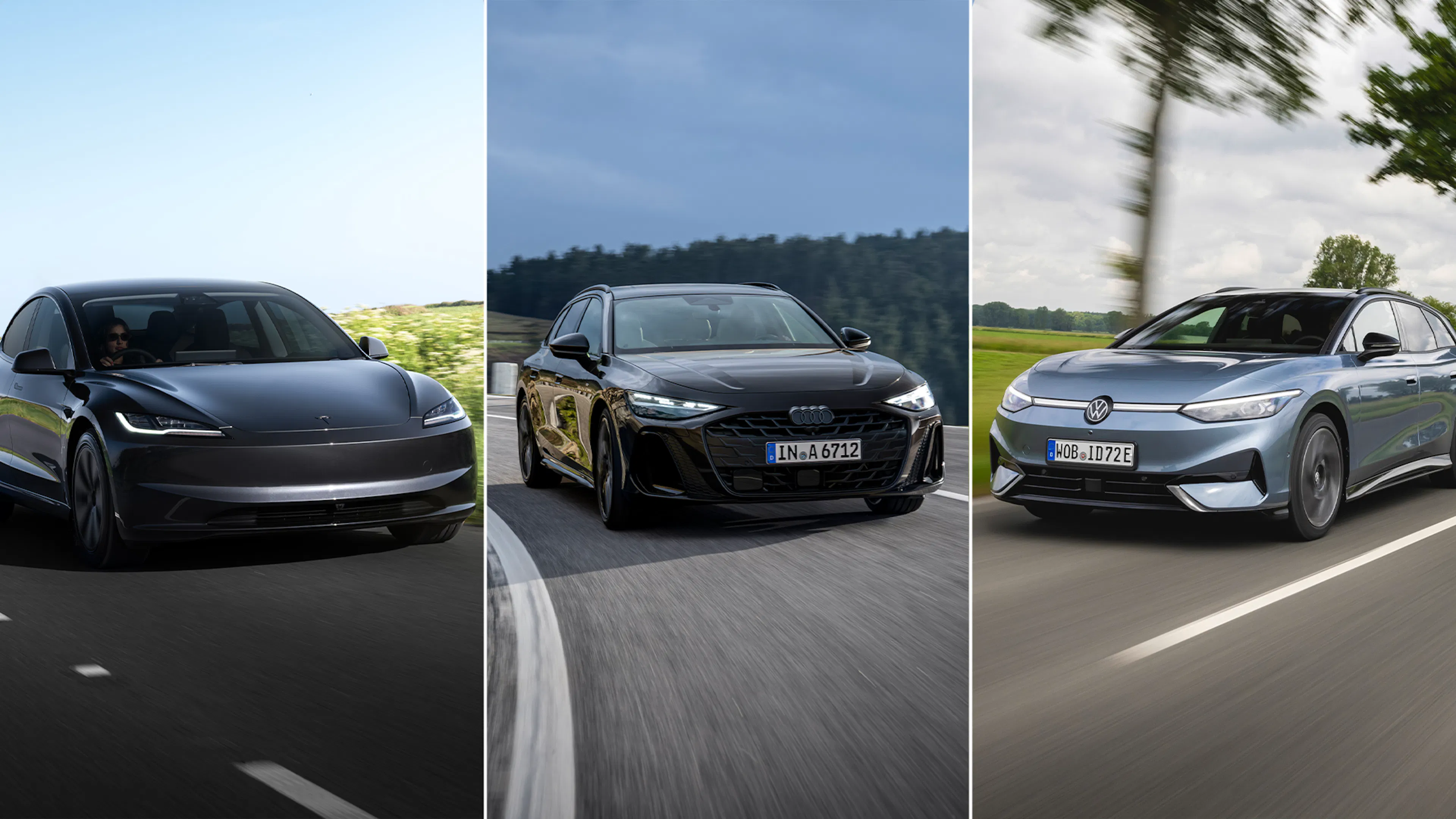 Dreiteiliges Aufmacherbild mit Tesla Model 3 in Grau, Audi A6 Avant in Schwarz und VW ID.7 Tourer in Silberblau, alle drei in Fahrt auf der Straße