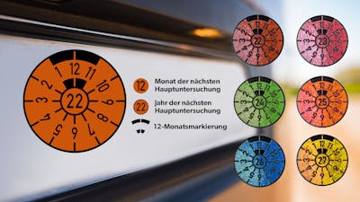 TÜV-Plaketten werden nach Farben sortiert auf einem verschwommenen Nummernschild dargestellt.