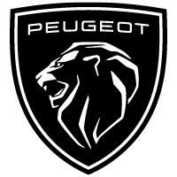 Schwarzes Peugeot-Logo in Schildform mit stilisiertem Löwenkopf und weißer Umrandung.
