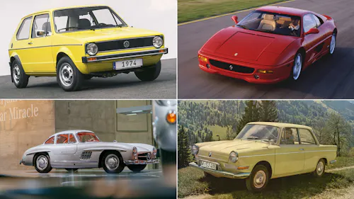 Collage mit vier Automobilen: VW Golf I (1974), Ferrari F355, Mercedes-Benz 300 SL und BMW 700.