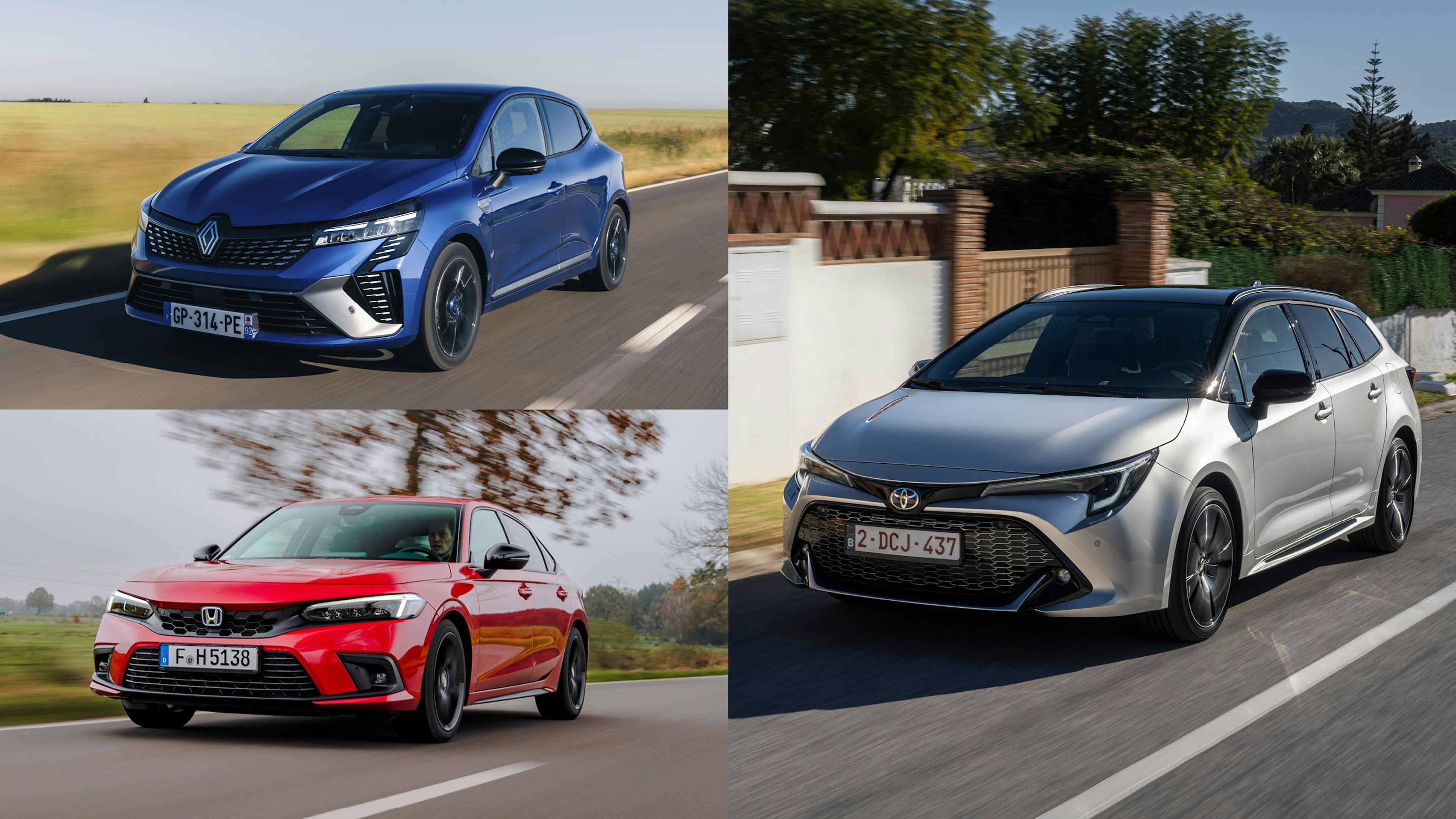 Eine Collage mit dem Toyota Corolla Touring Sports, dem Renault Clio E-Tech Full Hybrid und Honda Civic e:HEV.