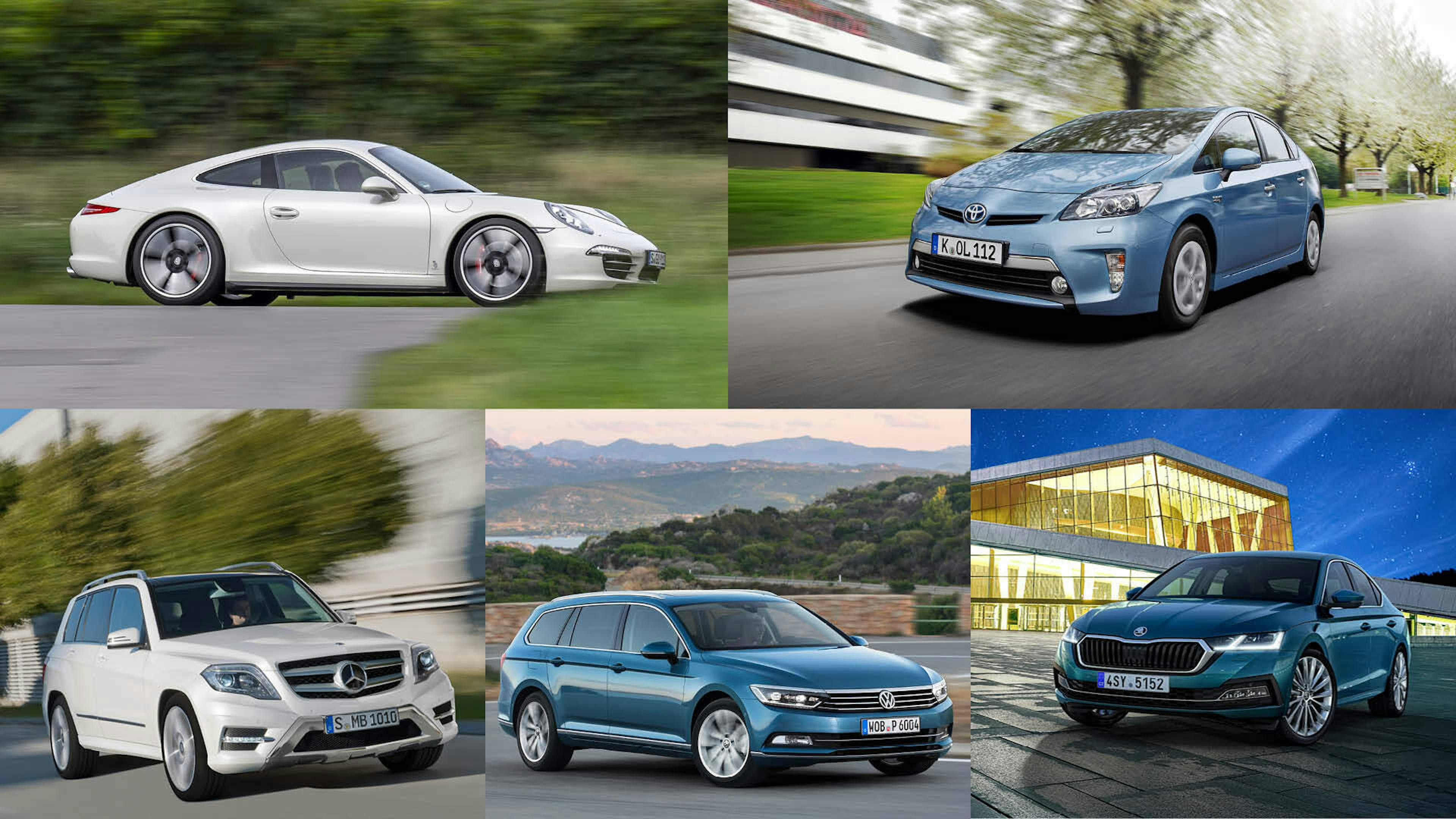  Ein Porsche 911 der Baureihe 991, ein Toyota Prius der dritten Generation, ein Mercedes GLK, ein VW Passat der achten Generation, ein Škoda Octavia der dritten Generation sind abgebildet.